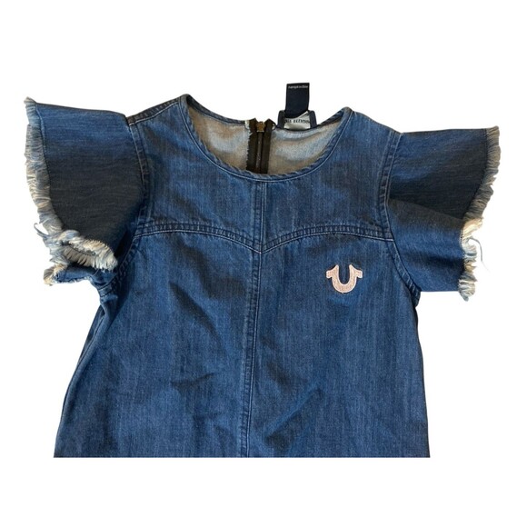 True Religion Girls Denim Dress Sz S (Tencel) Flutter Sleeve Distressed Hem Blue - Picture 3 of 10